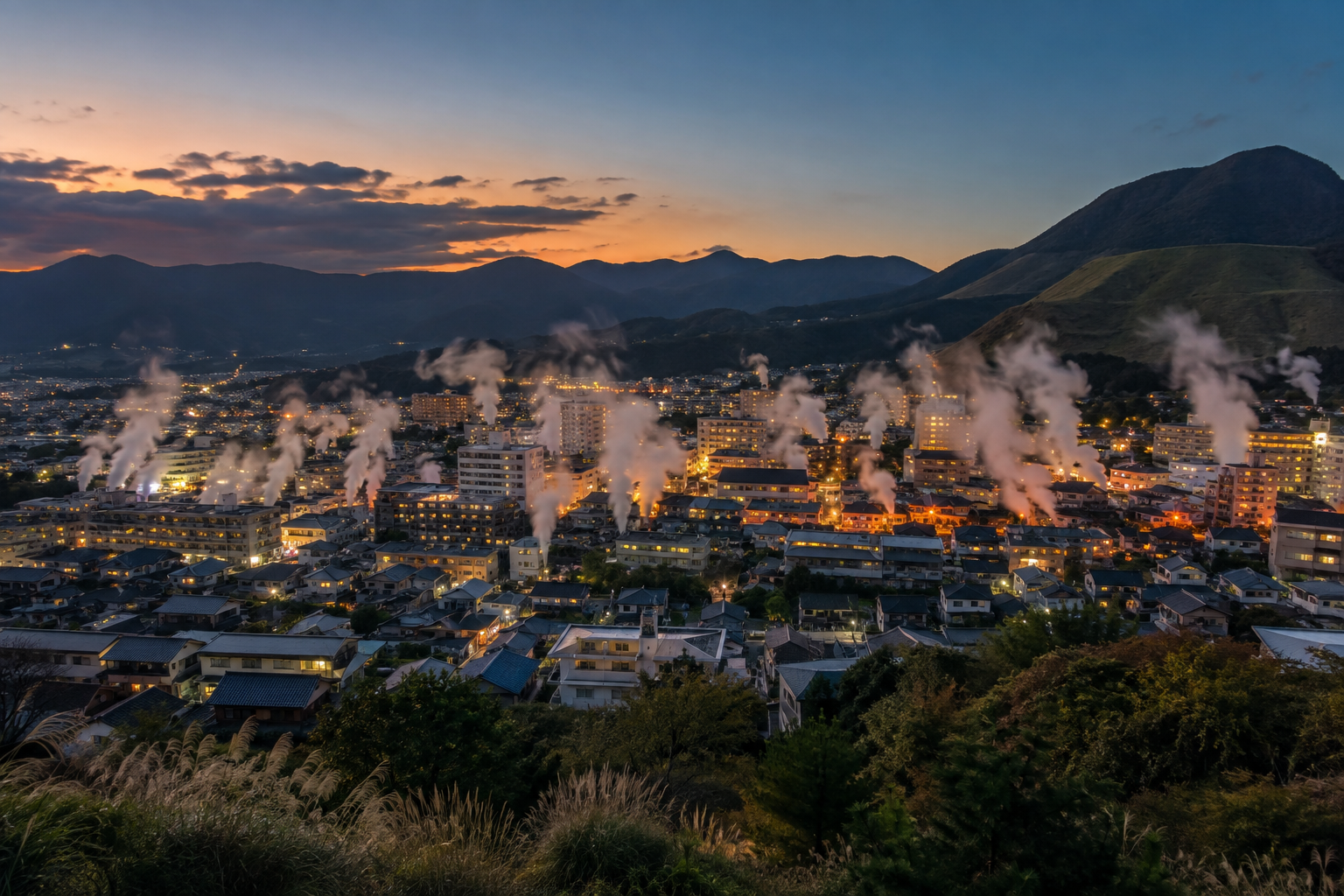 Steam rising over Beppu's hot spring district at dusk with city lights beginning to glow