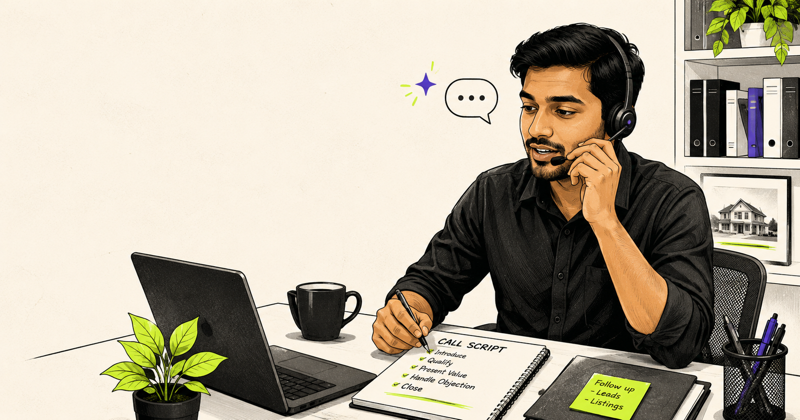 Real estate agent using a cold calling script on a headset at their desk