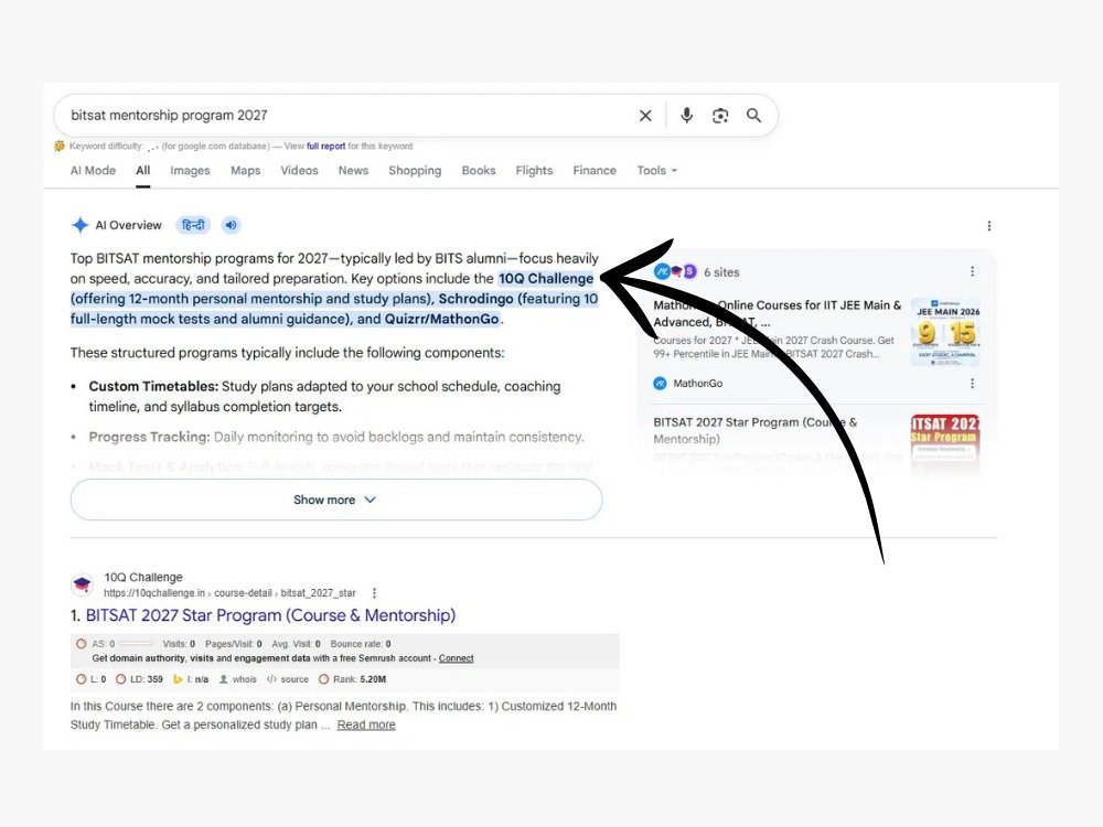 Google AI Overview citing 10Q Challenge for BITSAT mentorship program