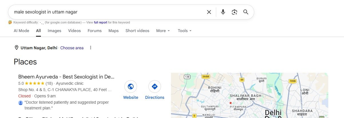 Bheem Ayurveda appearing in the Google Map Pack for Uttam Nagar