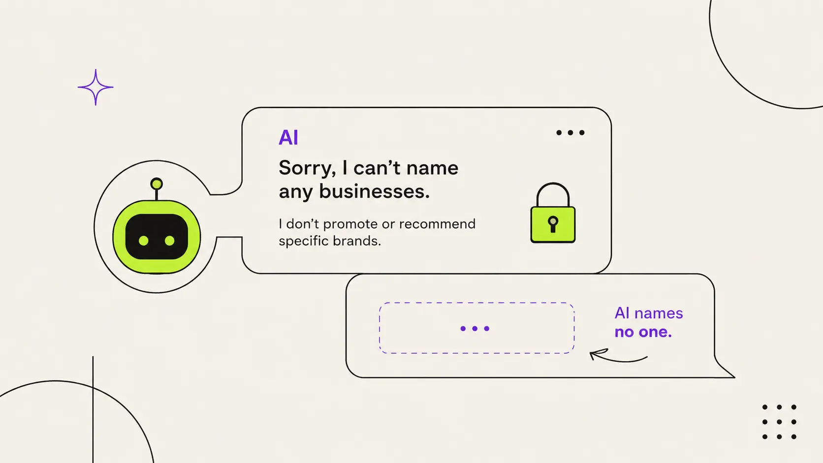 Minimalist AI chat illustration showing an AI unable to recommend or name businesses, with a blank recommendation slot and the message “AI names no one.”