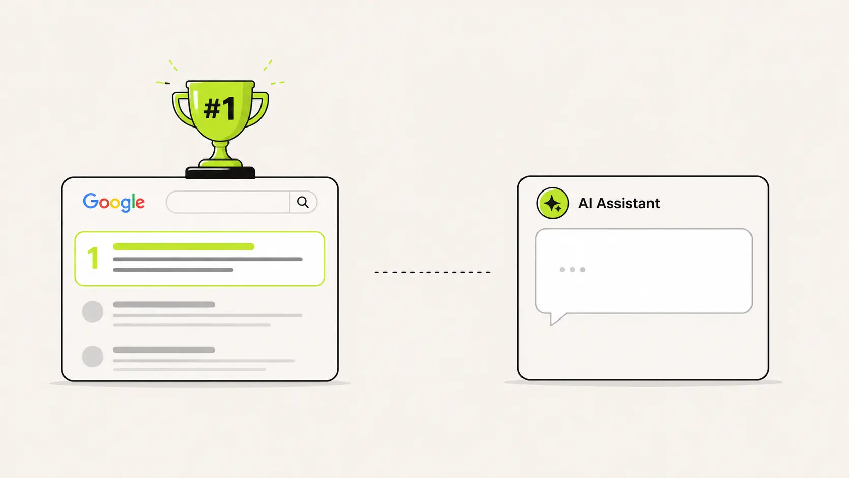 Minimalist illustration contrasting a #1 Google search ranking with a blank AI assistant, showing the gap between traditional SEO rankings and AI visibility.