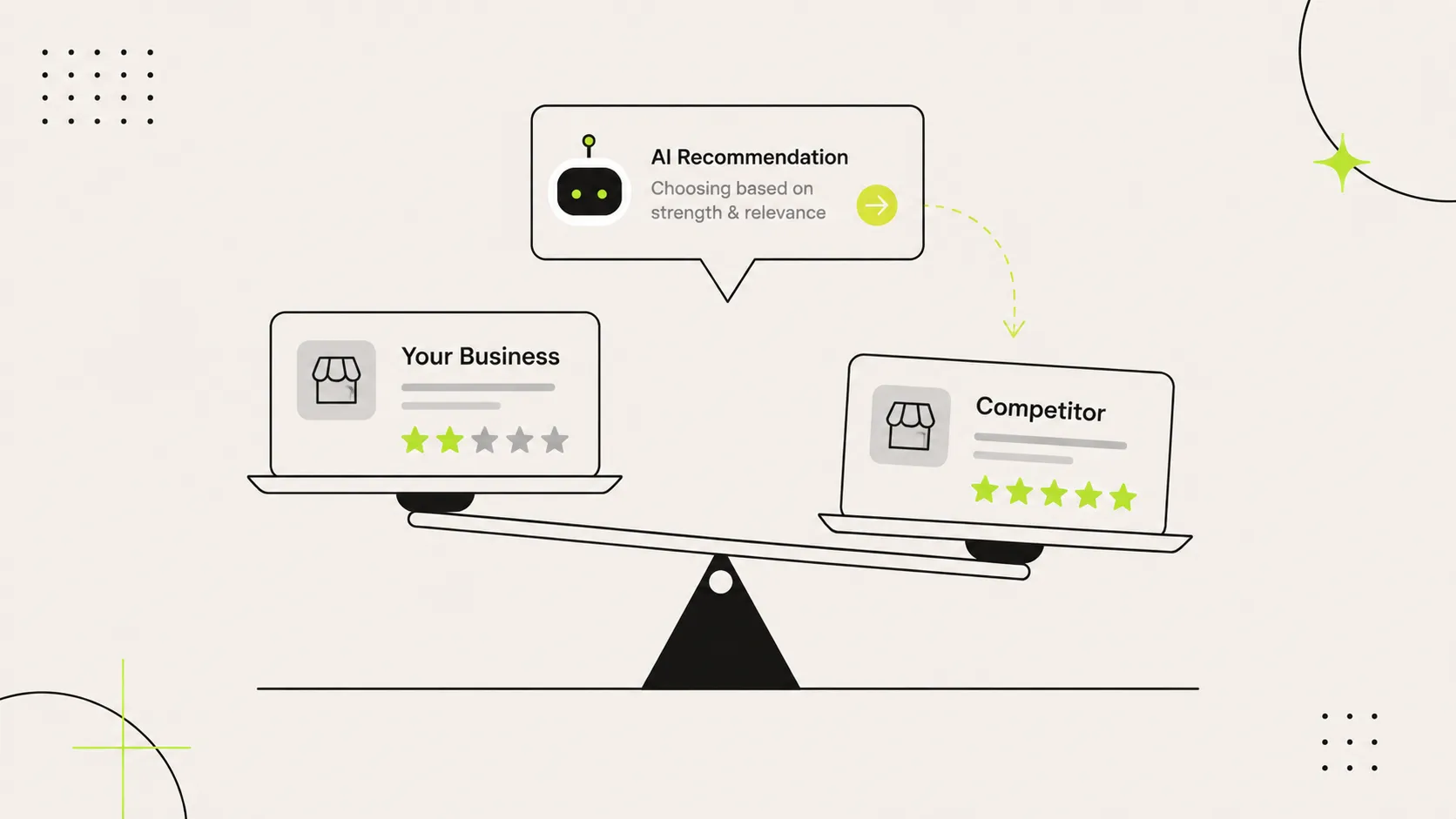 Minimalist illustration of an AI recommendation weighing two business cards on a balance scale, with the competitor gaining an advantage based on relevance and business strength.