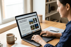 person working on blog with images and alt text optimization on laptop