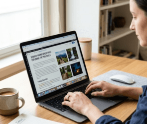 person working on blog with images and alt text optimization on laptop