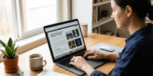 person working on blog with images and alt text optimization on laptop