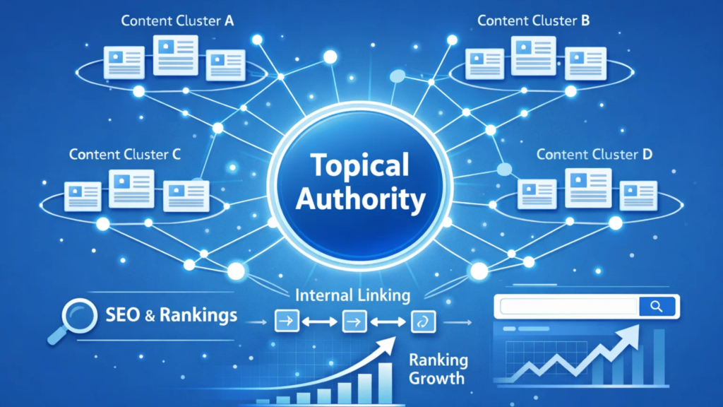 Topical authority concept in SEO showing topic clusters and interconnected content strategy