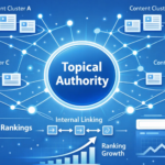 Topical authority concept in SEO showing topic clusters and interconnected content strategy