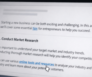 Close-up of a laptop screen showing a blog article with highlighted clickable anchor text and a cursor hovering over a link preview URL