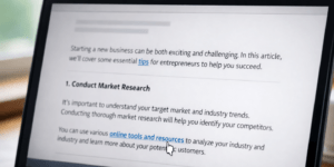 Close-up of a laptop screen showing a blog article with highlighted clickable anchor text and a cursor hovering over a link preview URL