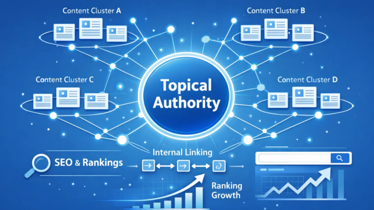 Topical authority concept in SEO showing topic clusters and interconnected content strategy