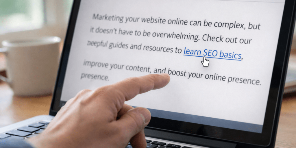 Person browsing a website on a laptop with finger pointing at a clickable link “learn SEO basics” on the screen