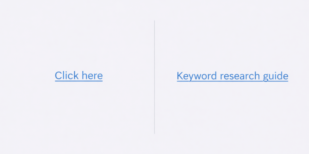 Side-by-side comparison of anchor text showing generic link “Click here” versus descriptive link “Keyword research guide”