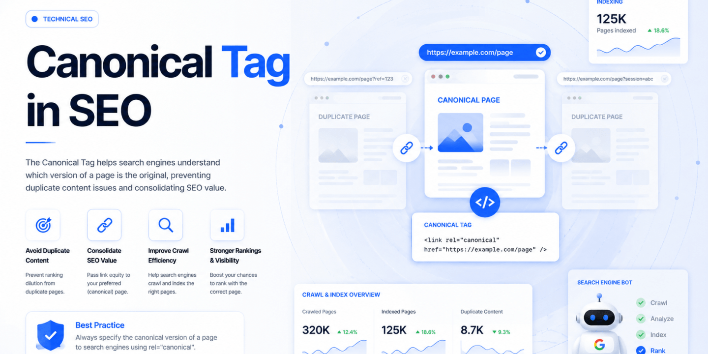 Canonical Tag in SEO illustration showing duplicate web pages, canonical URLs, search engine indexing, and technical SEO optimization dashboard