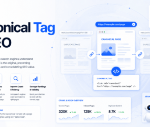 Canonical Tag in SEO illustration showing duplicate web pages, canonical URLs, search engine indexing, and technical SEO optimization dashboard