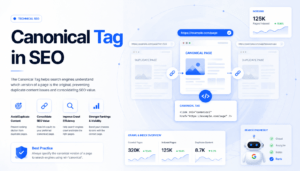 Canonical Tag in SEO illustration showing duplicate web pages, canonical URLs, search engine indexing, and technical SEO optimization dashboard