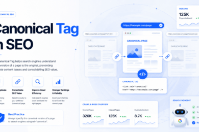 Canonical Tag in SEO illustration showing duplicate web pages, canonical URLs, search engine indexing, and technical SEO optimization dashboard