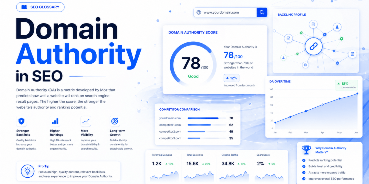 Domain Authority SEO illustration showing website authority score, backlink network, ranking growth charts, and SEO analytics dashboard