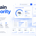 Domain Authority SEO illustration showing website authority score, backlink network, ranking growth charts, and SEO analytics dashboard