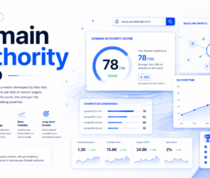 Domain Authority SEO illustration showing website authority score, backlink network, ranking growth charts, and SEO analytics dashboard
