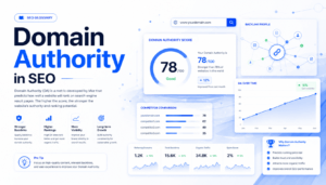 Domain Authority SEO illustration showing website authority score, backlink network, ranking growth charts, and SEO analytics dashboard